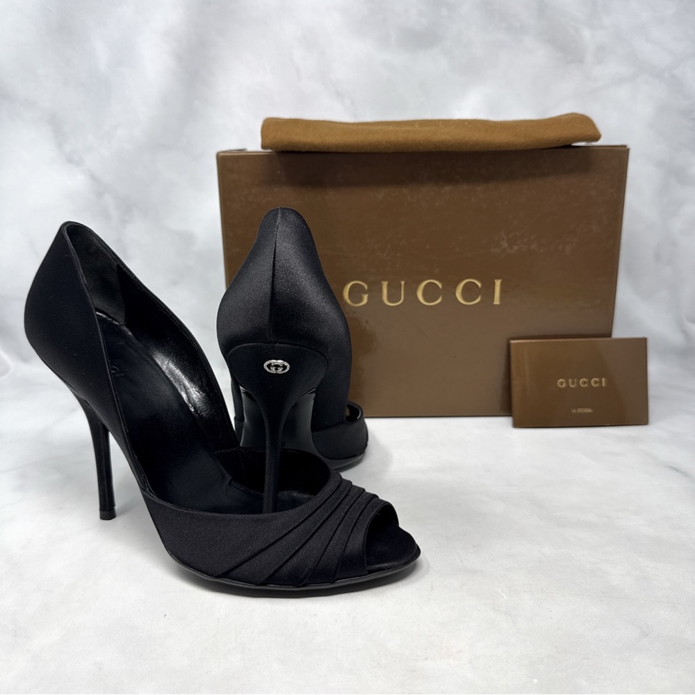 GUCCI Vintage Y2K Silk Satin GG Crystal Embellished Stiletto Heel Pumps Black - Picture 4 of 16